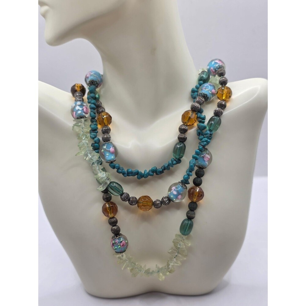 Artisan-Crafted Lampwork Bead Necklace W/ Gemstone & Tassels Wrap 43" + 3"